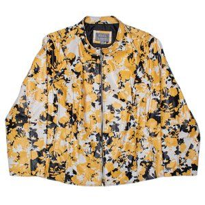 Jessica London Zip Front Floral Yellow, Black & Cream Leather Jacket Plus Size